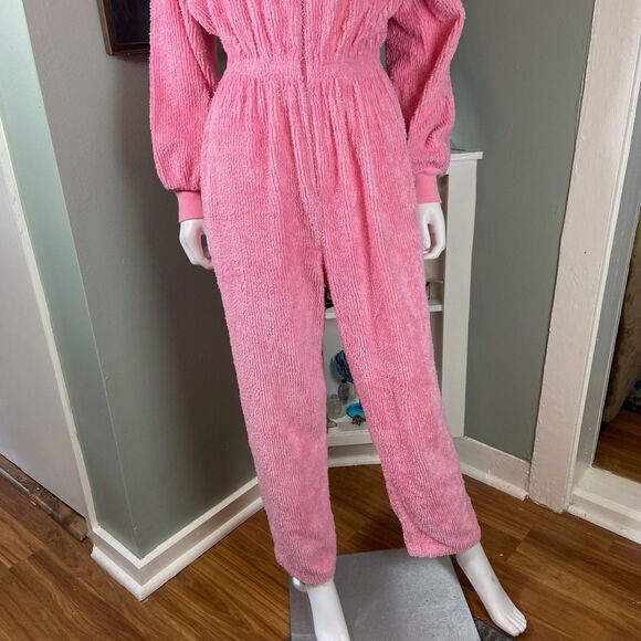 Vintage 80s 90s Bubblegum Pink Chenille Jumpsuit S/M/L Leisure Life terrycloth - Picture 10 of 15